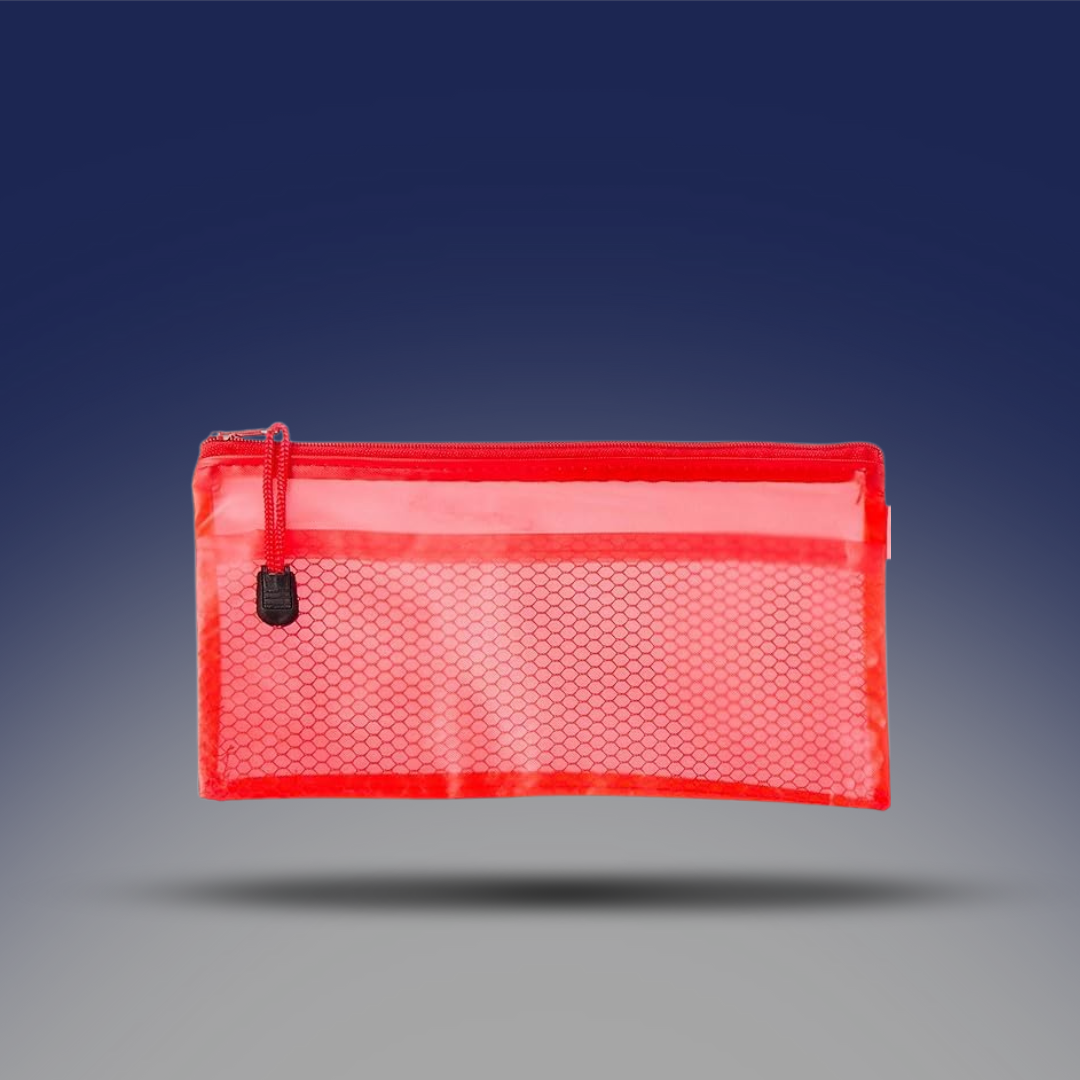 مقلمة بلاستيك شفافة بسوستة لون احمر